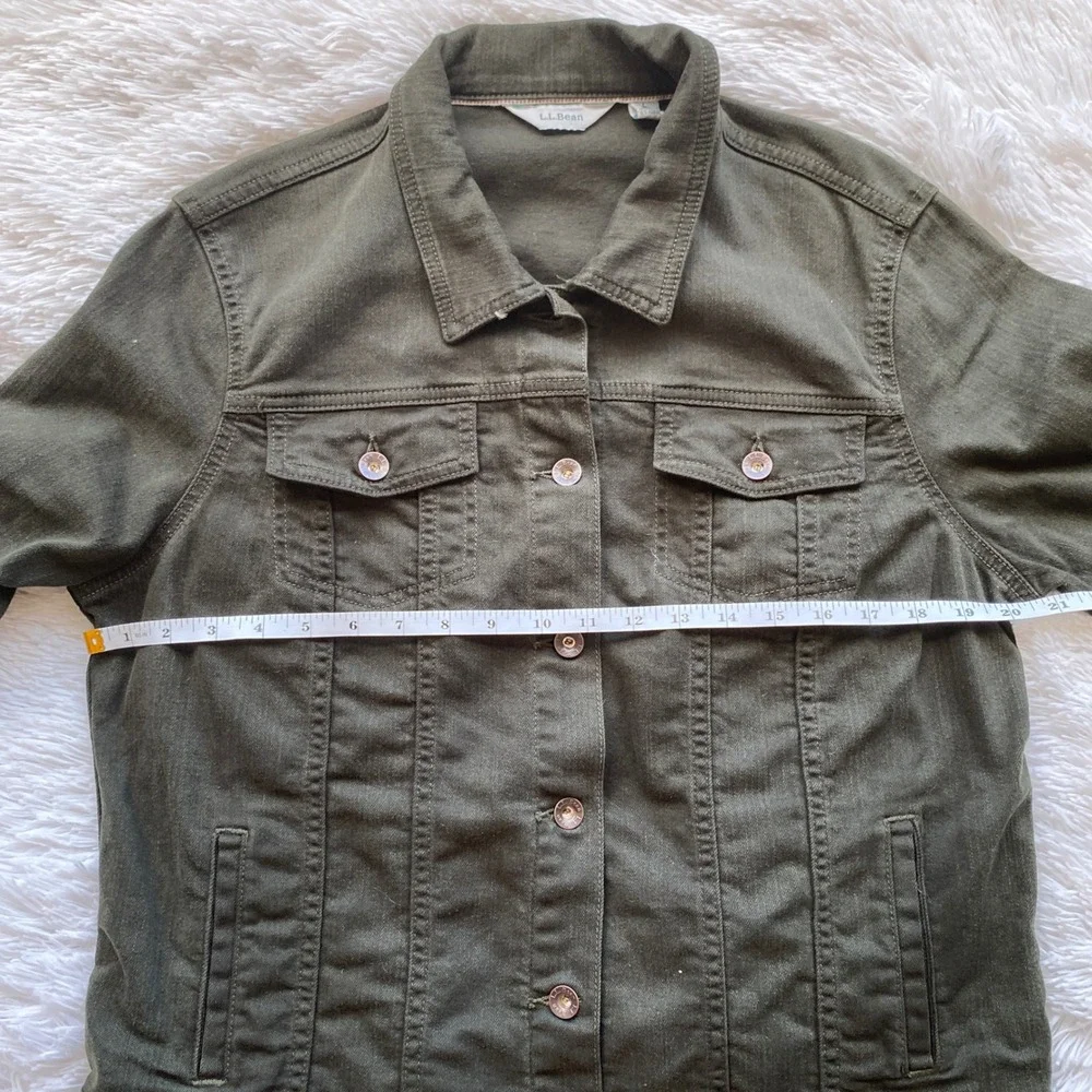 L.L.BEAN Denim Trucker Jacket Womens Olive Green Stretch Size L Regular